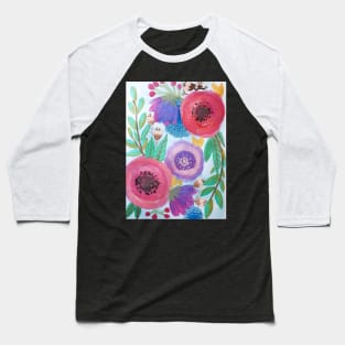 Watercolor red and purple flowers and leaves Baseball T-Shirt